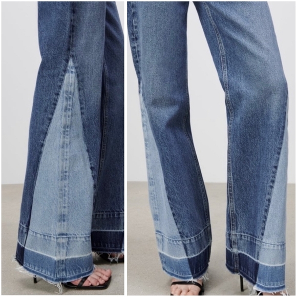 Zara Wide Leg Patchwork Collection Raw Hem Denim Jean 6 - Picture 2 of 7
